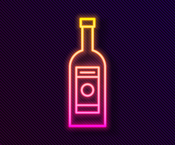 发光的霓虹灯线伏特加酒瓶图标孤立在黑色的背景。矢量图图片下载