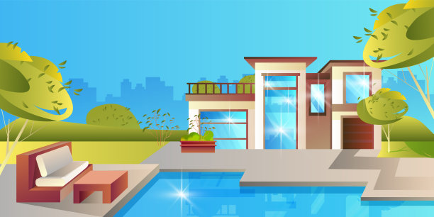 矢量插图与现代的房子，后院，家具，游泳池，树木，城市景观。图片下载