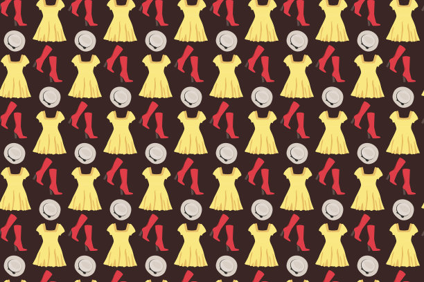 明亮的衣服图案。棕色背景的衣服，帽子和靴子图片下载