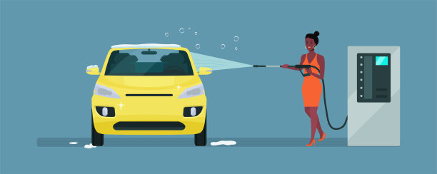 一个非洲裔妇女在自助洗车房洗车。矢量插图。图片下载