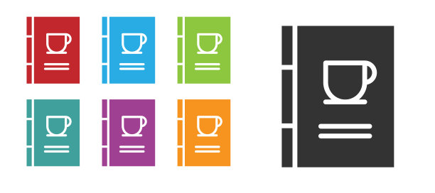 黑咖啡书图标孤立在白色背景。设置图标丰富多彩。矢量图图片下载