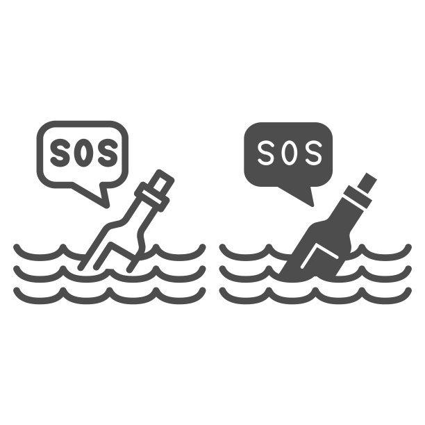 漂流瓶SOS信息图标，海洋概念波浪背景矢量图图片下载