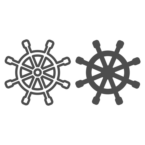 木制的船舶车轮线和固体图标，航海概念，白色背景上的船舵标志，船舶方向盘图标轮廓风格的移动概念和网页设计。矢量图形。图片下载