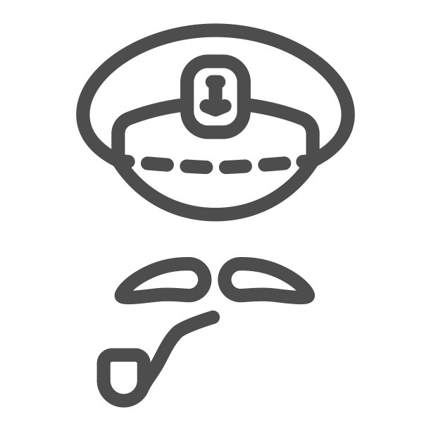 船长的帽子，胡子和烟斗线图标，航海概念，抽象的海上船长字符标志在白色的背景，海军水手帽与胡子和烟斗的轮廓图标。向量。图片下载