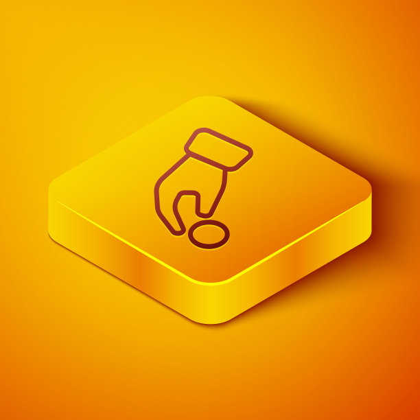 等距线手持赌场芯片图标孤立在橙色背景。赌场赌博。黄色正方形按钮。矢量图图片下载