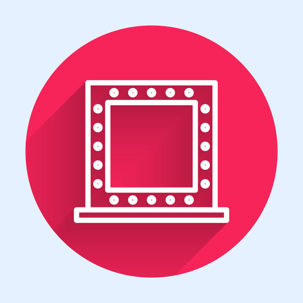 白色线化妆镜与灯图标孤立与长影子。红色圆圈按钮。矢量图图片下载