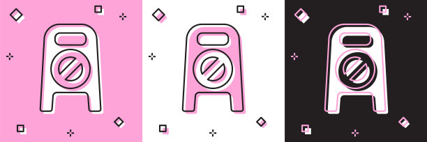 设置“湿地板和正在清洁中”图标隔离在粉红色和白色，黑色的背景上。清洁服务理念。矢量图图片下载