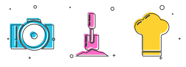 设置照片相机，铲在地上和厨师帽图标。向量图片下载