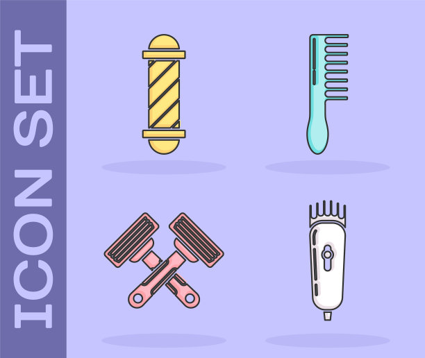 设置电理发剪或剃须刀，经典的理发店杆，交叉剃须剃须刀和毛刷图标。向量图片下载