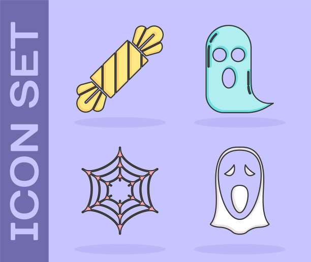 设置有趣和可怕的幽灵面具万圣节，糖果，蜘蛛网和幽灵图标。向量图片下载
