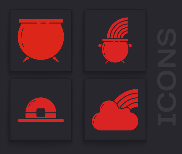 设置彩虹与云，女巫坩埚，女巫坩埚和彩虹和妖精帽子图标。向量图片下载