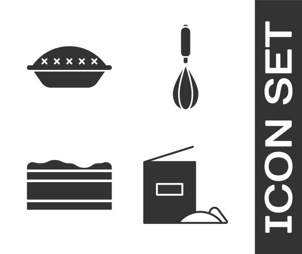 设置面粉包，自制派，布朗尼巧克力蛋糕和厨房打蛋器图标。向量图片下载