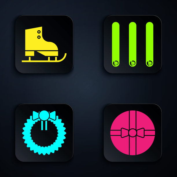 套装礼盒，溜冰鞋，圣诞花环和三卷肉桂棒。黑色方形按钮。向量图片下载