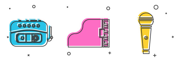 设置音乐磁带播放器，三角钢琴和麦克风图标。向量图片下载
