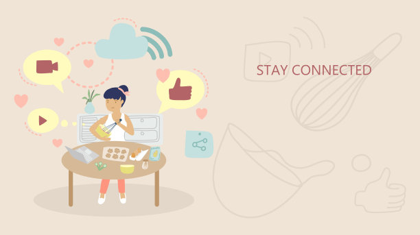 美丽的平面设计的概念停留在家，保持联系，自我隔离，社交距离在柔和的色调色彩。女人正在做一些饼干与网络，社交媒体图标浮动图片下载