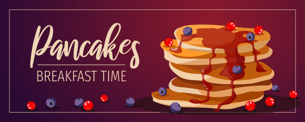 横幅设计的早餐，烹饪，食谱，甜点，咖啡馆菜单。煎饼配浆果和糖浆。图片下载