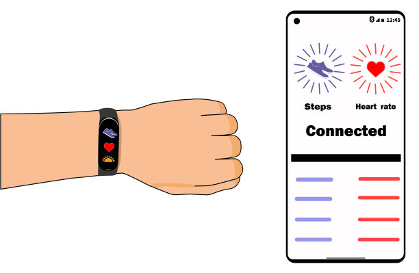 随身携带健身追踪器。手机上的应用。跟踪器显示步骤数。手机上的应用程序显示所采取的步骤数。有心跳追踪的手机应用。图片下载