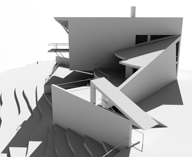 建筑设计。斜坡上的房子。渲染带有阴影的3d物体。图片下载