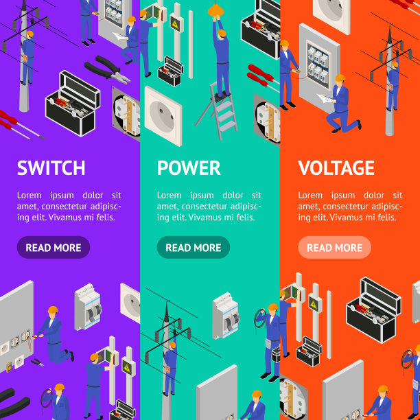 统一概念旗帜垂直集三维等距视图中的角色电工。向量图片下载