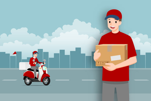 快递员拿着一个包裹站在一辆快递摩托车前，以城市为背景，为顾客递送食物或产品。图片下载