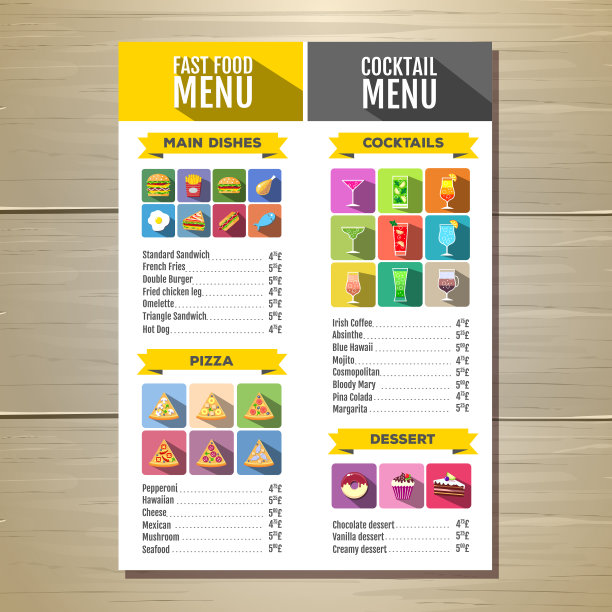 快餐菜单。一套食物和饮料图标。平面设计风格。图片下载