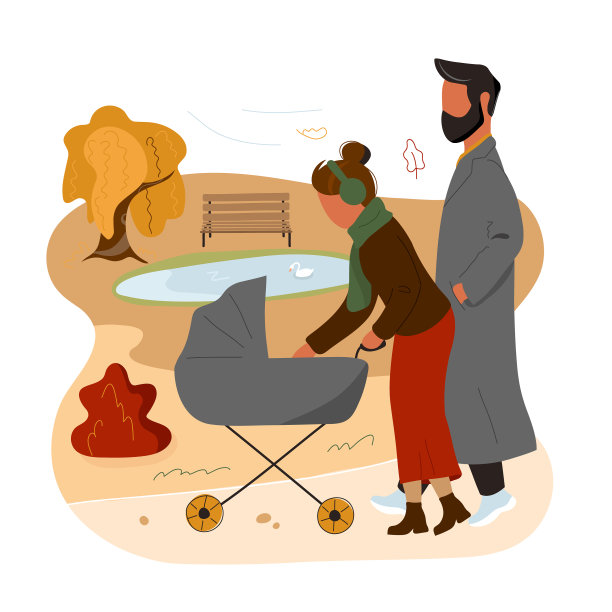 年轻的父母推着婴儿车在秋天的公园里图片下载