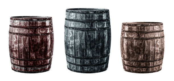 三个棕色和灰色的橡木桶放在白色的背景上图片下载