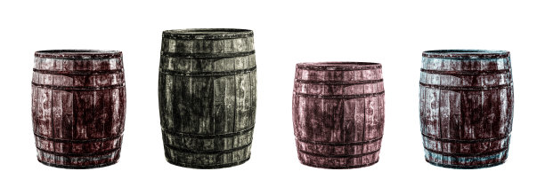 一排灰色和棕色的老式橡木桶矗立在白色的背景上图片下载