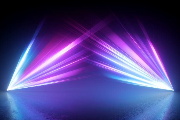 3d渲染，数字渲染。明亮的投影仪在空荡荡的房间里闪耀，舞台灯光，发光的激光，抽象的霓虹灯背景，粉色和蓝色的迪斯科照明图片下载