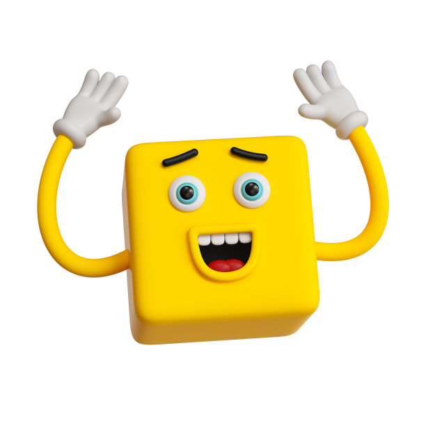 3d渲染，抽象情绪的脸图标，黄色的emoticon剪辑艺术孤立的白色背景。退出人物插图，有趣的卡通怪物手，方形表情，可爱的傻立方玩具图片下载