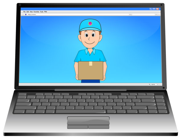 笔记本电脑与友好的快递快递包裹- 3D插图图片下载