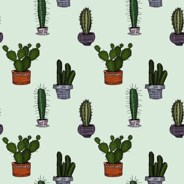 明亮的无缝模式。仙人掌在盆上的绿色图片下载
