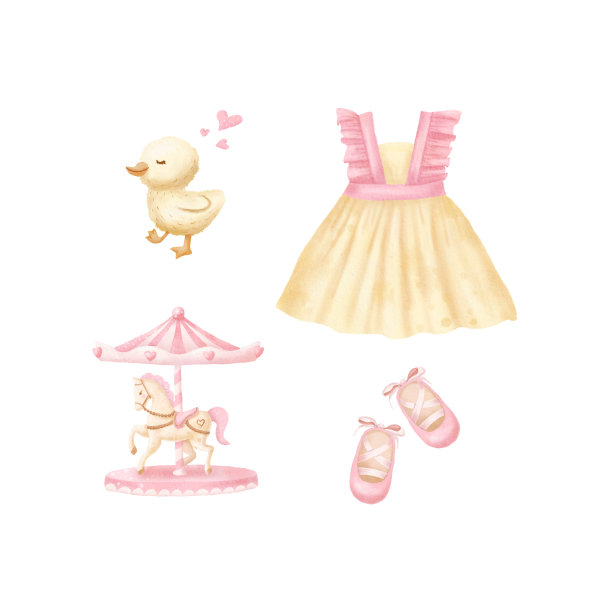 水彩婴儿服装和玩具。裙子，鸭子，旋转木马，芭蕾舞鞋。婴儿印花或海报。手绘可爱插画当代艺术图片下载