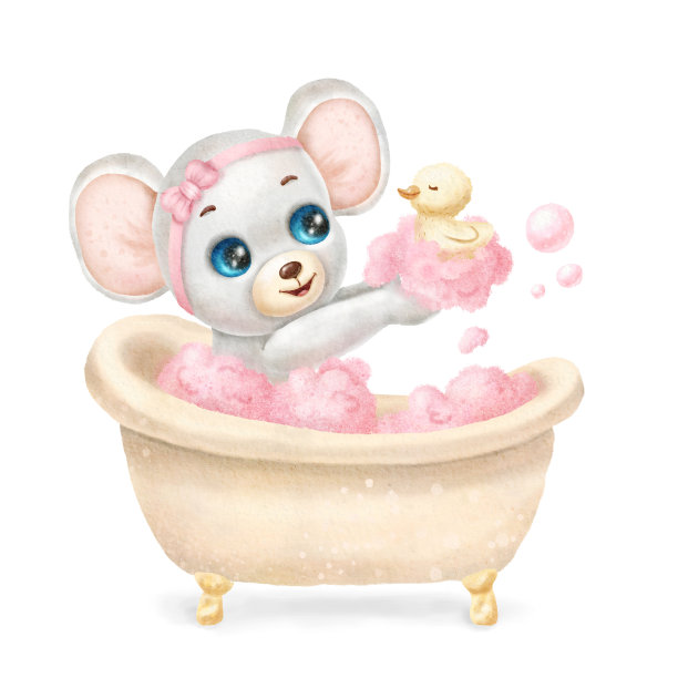 水彩可爱的小老鼠在泡沫浴。黄色和粉色适合女孩。淋浴的动物。迎婴派对。婴儿印花或海报。手绘可爱插画当代艺术图片下载