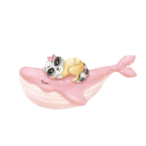 水彩画宝宝睡在鲸鱼上的浣熊。可爱的动物睡觉。婴儿印花或海报。手绘可爱插画当代艺术图片下载