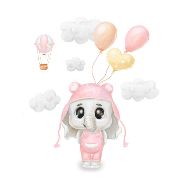 气球和云彩的水彩画小象。婴儿印花或海报。手绘可爱插画当代艺术图片下载