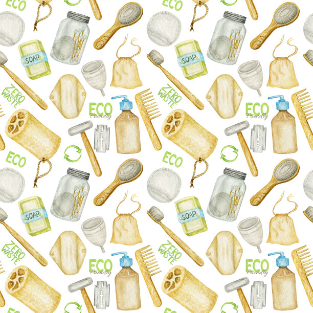 浴室配件零浪费无缝图案。天然剑麻刷，竹木梳，安全剃须刀，固体肥皂，洗发棒，玻璃容器内可重复使用的棉垫。环保卫生的概念图片下载
