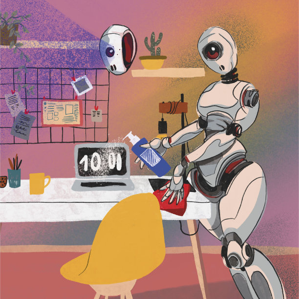 吸尘器、机器、机器人洗衣机。自动化客房清洁服务理念。半机械人，粉红色和黄色的内部。图片下载