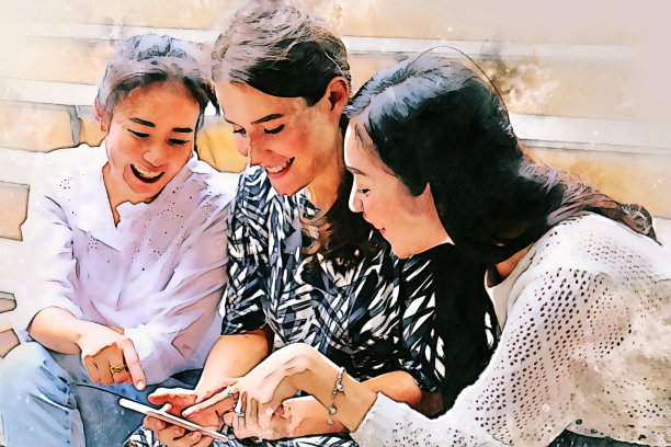 抽象美丽幸福的商业女性在步行街网上购物在水彩插画画的背景。图片下载