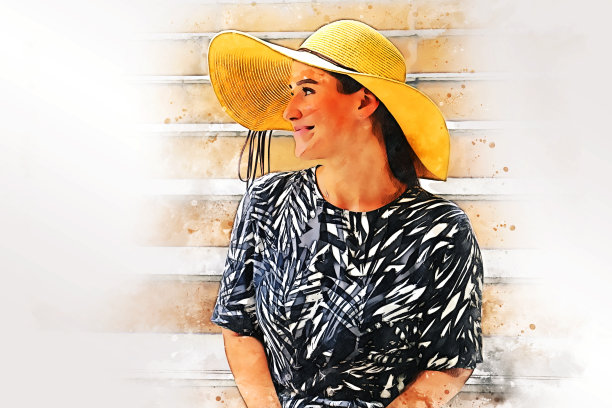 抽象多彩的美丽女子肖像微笑肖像行走街道上的水彩插图绘画背景。图片下载