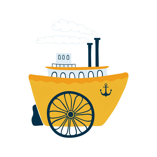 蒸汽船孤立在白色背景在一个平坦的风格。儿童插图，用于设计儿童的房间，服装，纺织品。向量图片下载