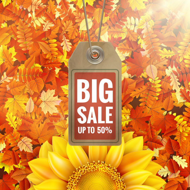 向日葵在秋天的树叶与销售标签。每股收益10图片下载