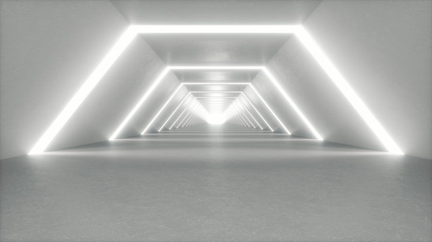 走廊照明室内设计。现代室内设计。走廊灯。抽象的现代极简主义空白色。室内设计或科幻背景。文本的空白。三维渲染素材图片