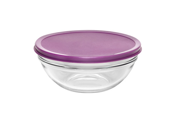 圆形玻璃盒容器与塑料盖隔离在白色背景图片下载