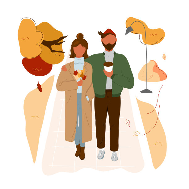 一对情侣在秋天的公园散步图片下载