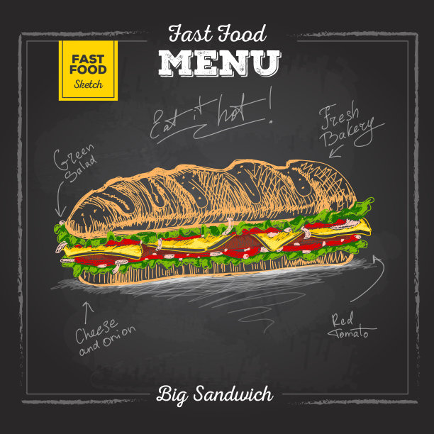 老式粉笔画快餐菜单。三明治草图图片下载