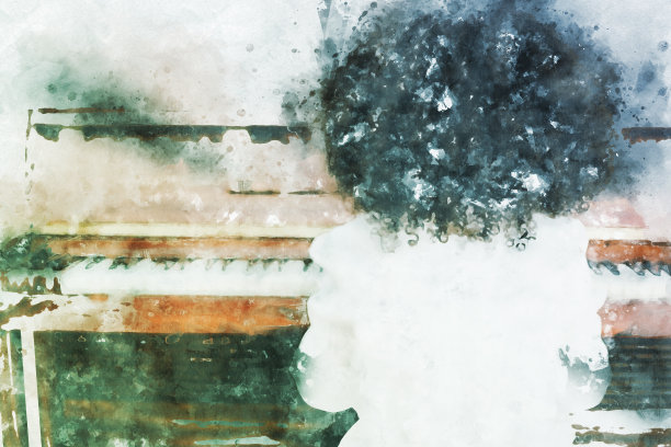 抽象美丽的手弹钢琴键盘前景水彩画背景和数字插图画笔艺术。图片下载