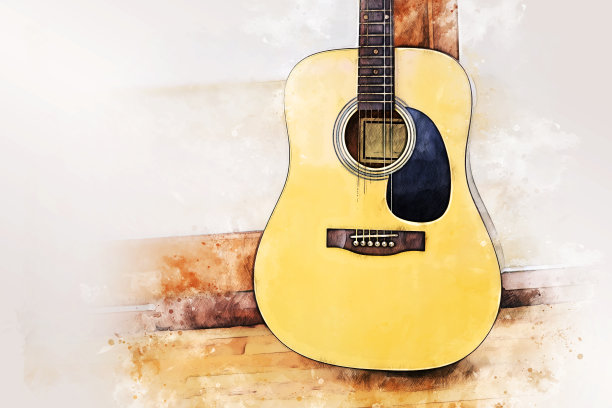 抽象彩色吉他在前景上的水彩画背景和数字插图画笔艺术。图片下载