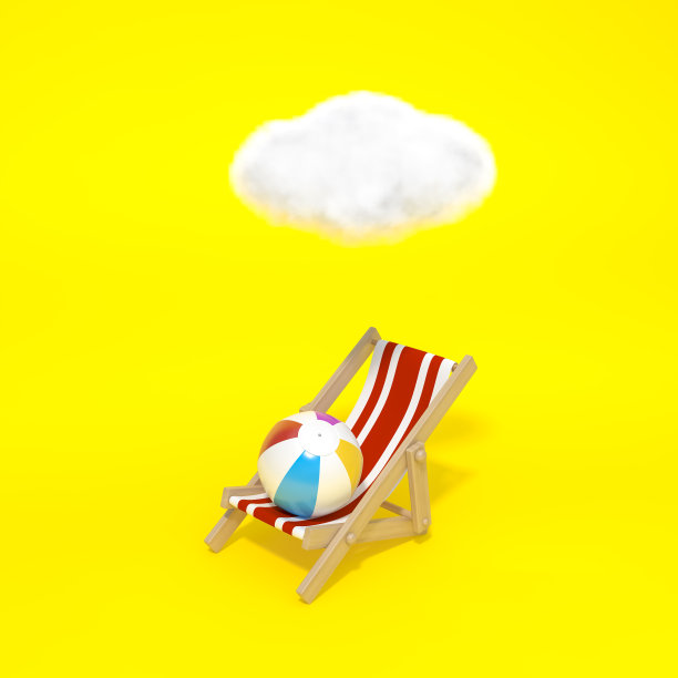 突出的沙滩椅，甲板椅，太阳椅，木制沙滩躺椅下的黄色背景的云3d渲染。3d插图雨季和夏季季节最小的概念。图片下载