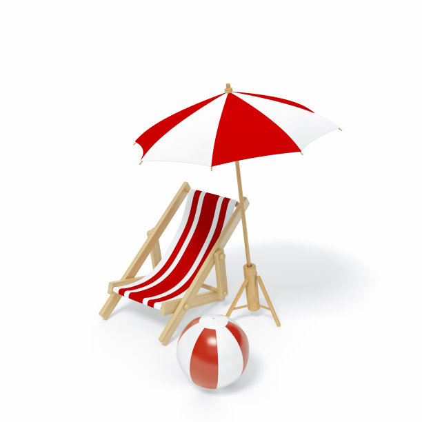 沙滩椅，甲板椅与红色和白色条纹孤立的白色背景3d渲染。太阳椅，木制沙滩躺椅，带伞和沙滩球。3d插图夏季最小概念。图片下载